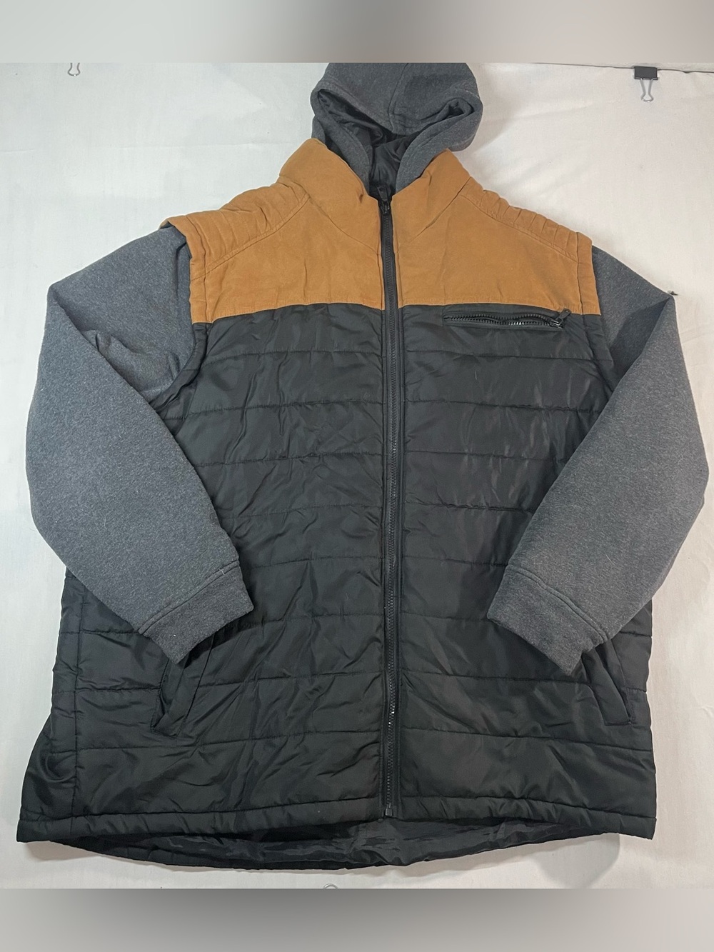 Men's Hooded Puffer Jacket with Contrast Yoke - Black & Brown